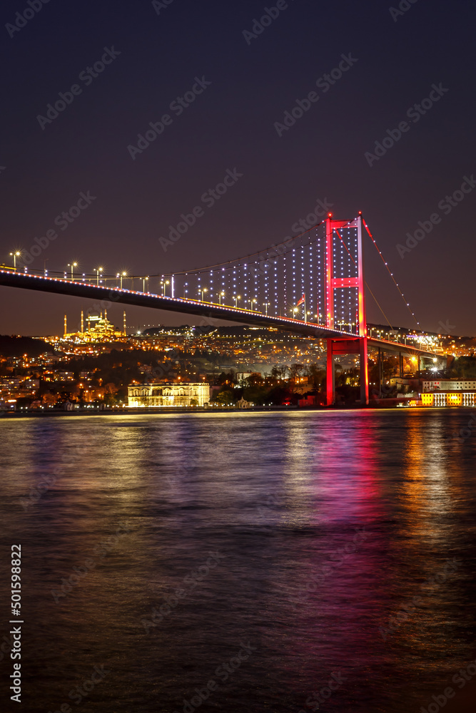 Bosphorus bridge between Asia and Europe at night. Istanbul, Turkey.