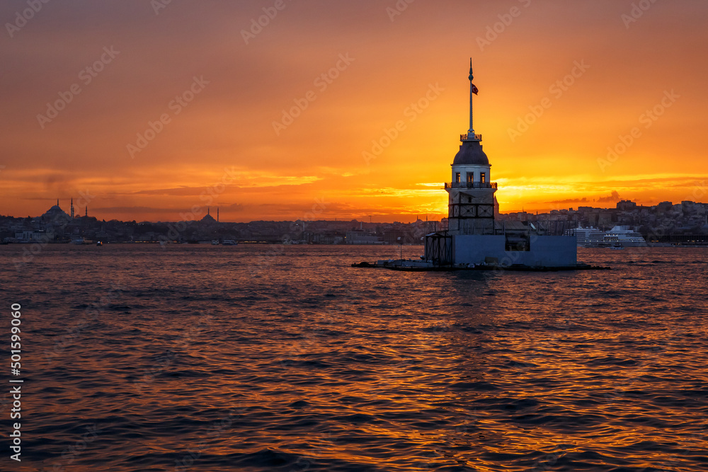 Sunset over Bosphorus with famous Maiden's Tower - Kiz Kulesi - Leander's Tower, symbol of Istanbul, Turkey