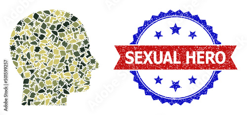 Military camouflage mosaic of human head icon, and bicolor rubber Sexual Hero seal. Vector watermark with Sexual Hero text inside red ribbon and blue rosette, distress bicolored style.