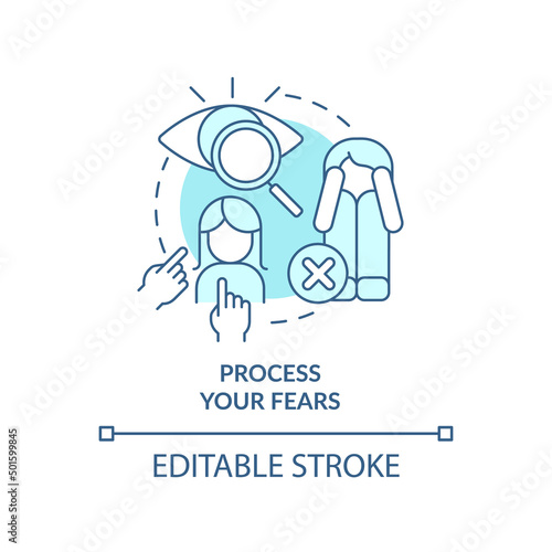 Process your fears turquoise concept icon. Self-care strategy abstract idea thin line illustration. Overcome phobias. Isolated outline drawing. Editable stroke. Arial, Myriad Pro-Bold fonts used
