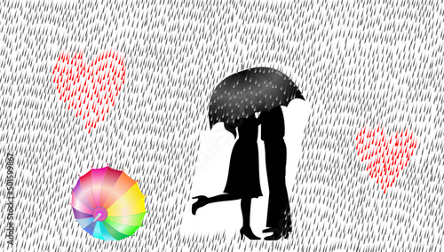 silhouette of a couple with a heart and rain 