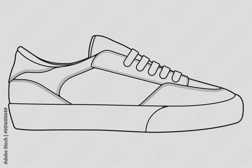 Shoes sneaker outline drawing vector, Sneakers drawn in a sketch style,  black line sneaker trainers template outline, vector Illustration. Stock  Vector | Adobe Stock