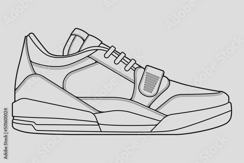 Shoes sneaker outline drawing vector, Sneakers drawn in a sketch style, black line sneaker trainers template outline, vector Illustration.
