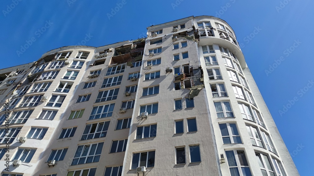 Destroyed houses In Irpin Ukraine April 2022. Burnt buildings, apartments affected by the attack of Russian soldiers on Ukraine. Consequences of the war in Europe