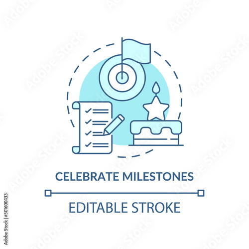 Celebrate milestones turquoise concept icon. Exercise for self love abstract idea thin line illustration. Recognition. Isolated outline drawing. Editable stroke. Arial, Myriad Pro-Bold fonts used