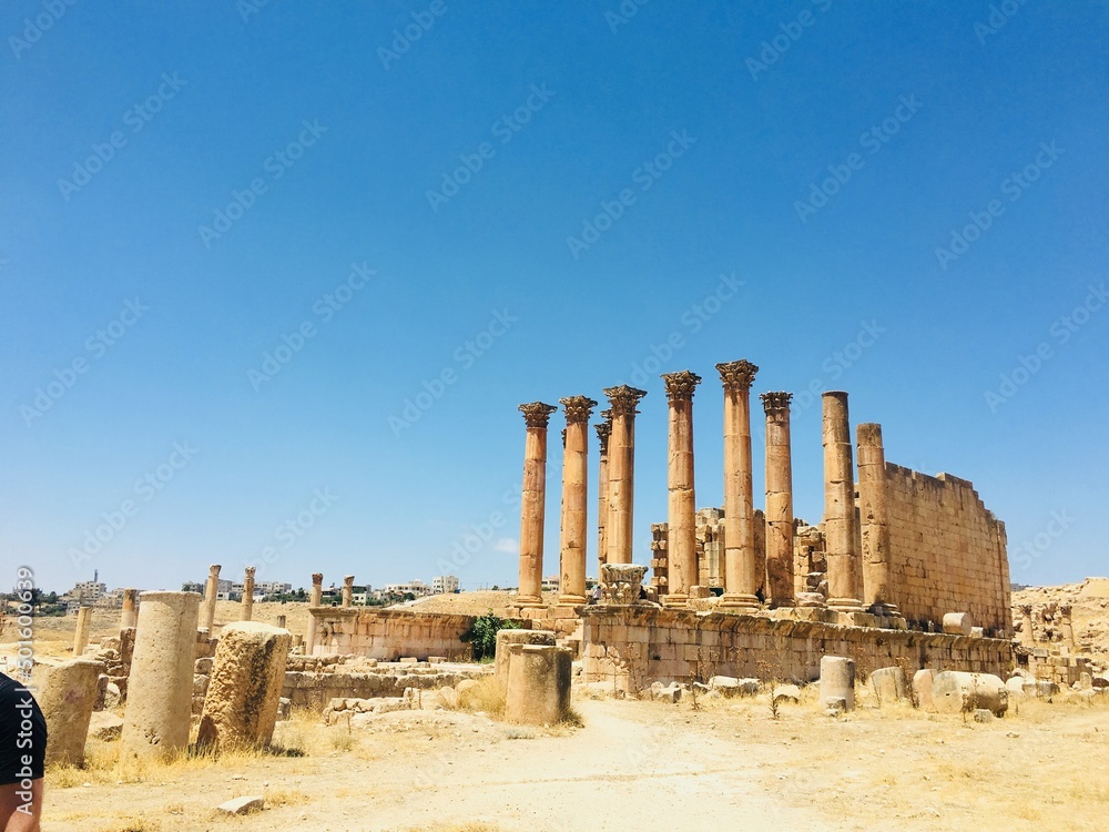 Ancient ruins, Greek, Jordan archeology, blue sky, historic building