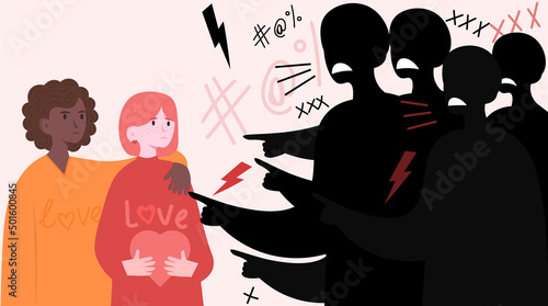 Lesbian couple defends themselves from bullying. Public pressure on non-binary people. Social problems of modern society. Rejection of the LGBTQ community. Flat vector illustration	
