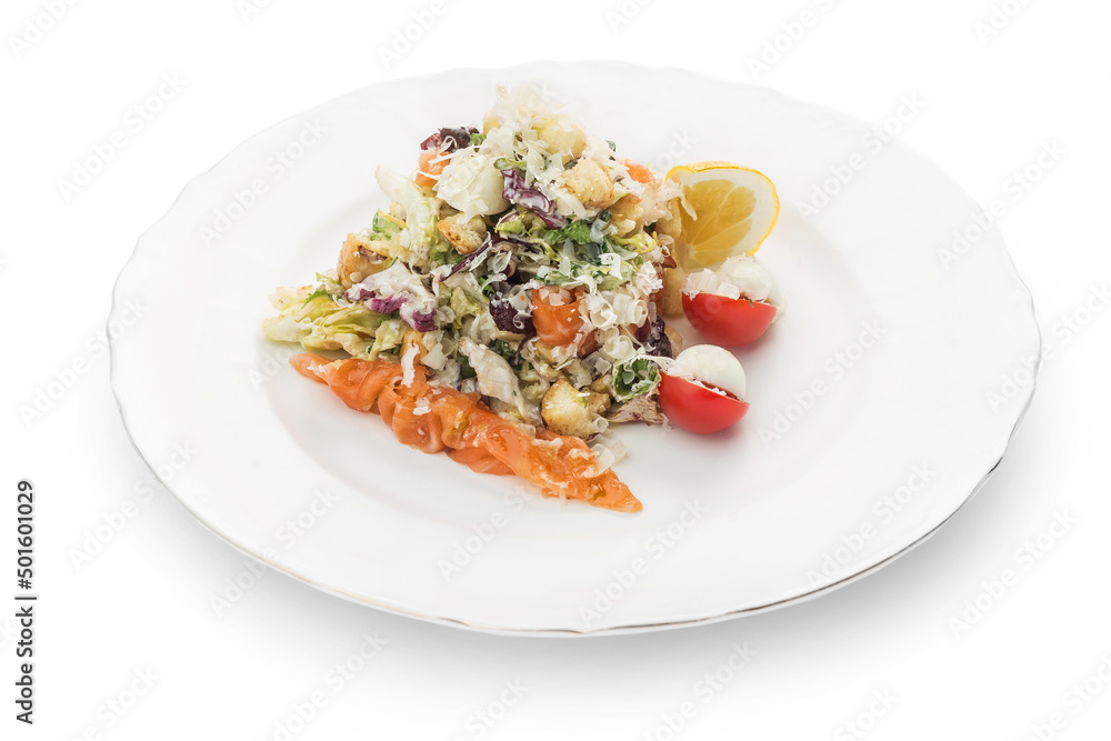 Salad with red fish Ukrainian cuisine. Photo of food on a white background Salad with red fish Ukrainian cuisine. Photo of food on a white background