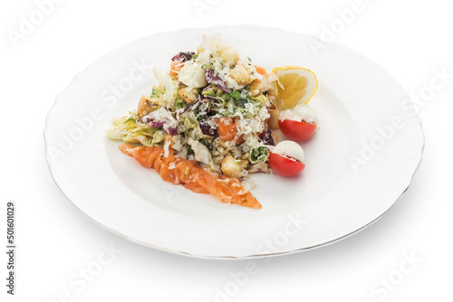 Salad with red fish Ukrainian cuisine. Photo of food on a white background
