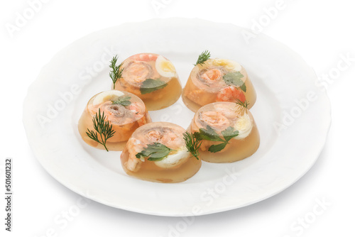 Kholodets with chicken Ukrainian cuisine. Photo of food on a white background