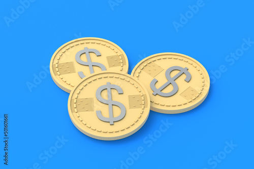 Coins with dollar symbol on blue background. Financial indicators. Cheap loans. Profitable proposition. Conditions of employment. Big discounts. Economic aid. Donation amount. 3d render photo
