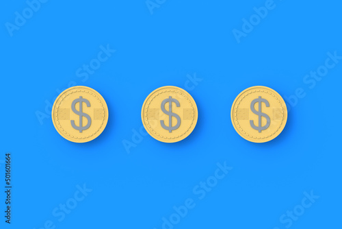 Three coins with dollar symbol on blue background. Financial indicators. Cheap loans. Profitable proposition. Conditions of employment. Big discounts. Donation amount. Top view. 3d render photo