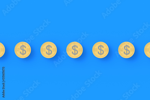 Coins with dollar symbol on blue background. Financial indicators. Cheap loans. Profitable proposition. Conditions of employment. Big discounts. Donation amount. Top view. 3d render photo