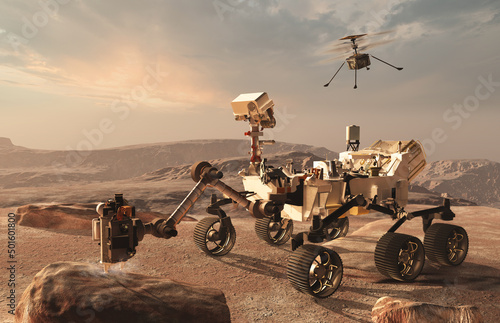 Schilderij op canvas Perseverance Mars rover and the drone Ingenuity on Mars