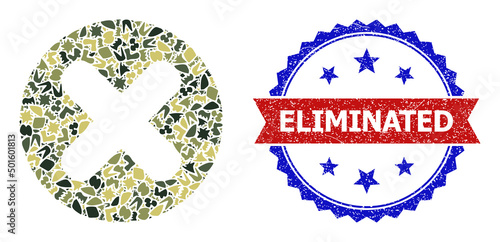 Military camouflage collage of cancel icon, and bicolor rubber Eliminated watermark. Vector watermark with Eliminated tag inside red ribbon and blue rosette, scratched bicolored style.
