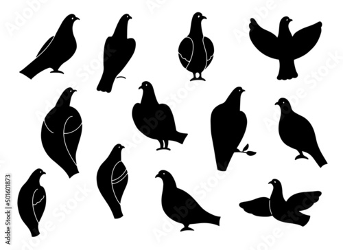 Set of dove silhouettes, black birds outline