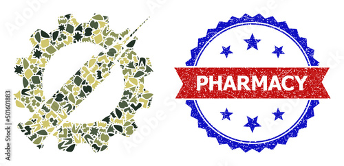 Military camouflage combination of vaccine industry icon, and bicolor unclean Pharmacy watermark. Vector watermark with Pharmacy title inside red ribbon and blue rosette, grunge bicolored style.