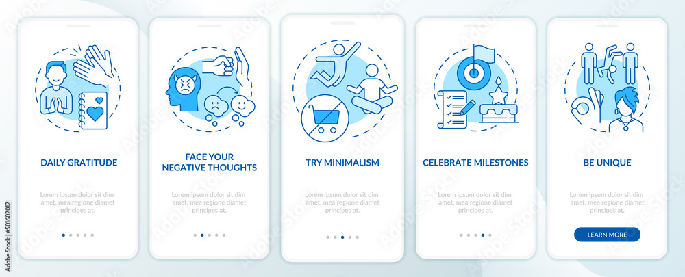 Exercises for self appreciation blue onboarding mobile app screen. Walkthrough 5 steps graphic instructions pages with linear concepts. UI, UX, GUI template. Myriad Pro-Bold, Regular fonts used