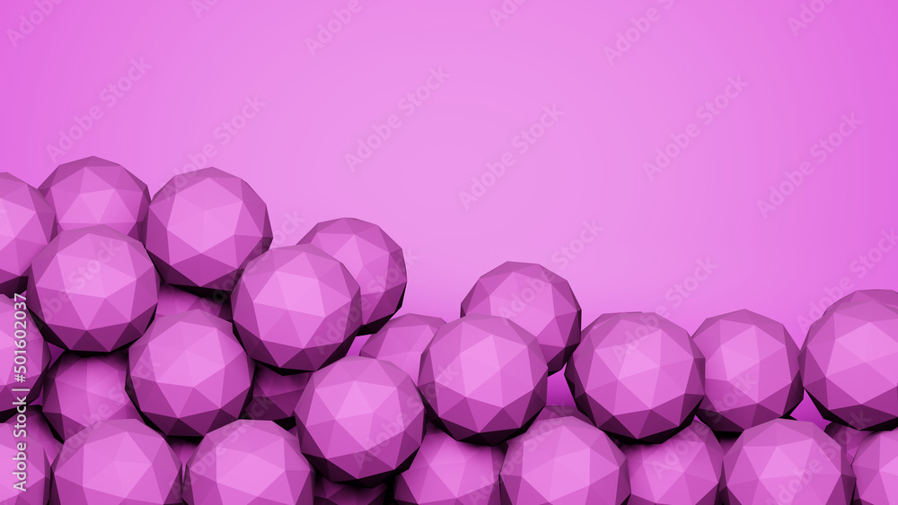Purple faceted balls lie on top of each other on a pink background. The place for the text is at the top.
