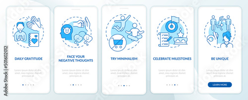Exercises for self appreciation blue onboarding mobile app screen. Walkthrough 5 steps graphic instructions pages with linear concepts. UI, UX, GUI template. Myriad Pro-Bold, Regular fonts used