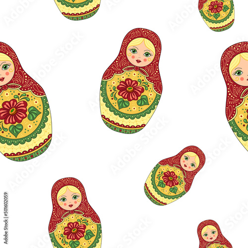 seamless pattern with nesting dolls. Traditional Russian wooden nesting doll with painted flowers.  Cute wooden Russian doll - Matrioshka.