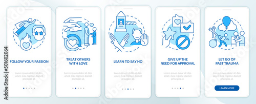 Self care daily activities blue onboarding mobile app screen. Walkthrough 5 steps graphic instructions pages with linear concepts. UI, UX, GUI template. Myriad Pro-Bold, Regular fonts used