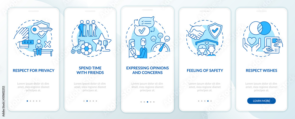 Building healthy relationships blue onboarding mobile app screen. Respect walkthrough 5 steps graphic instructions pages with linear concepts. UI, UX, GUI template. Myriad Pro-Bold, Regular fonts used