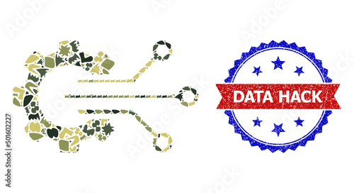 Military camouflage mosaic of gear sensor icon, and bicolor grunge Data Hack watermark. Vector watermark with Data Hack caption inside red ribbon and blue rosette, corroded bicolored style.