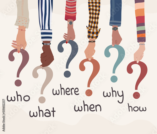 Multicultural people arms holding in hand colorful question marks with Who-what-where-when-why-how text.Investigate and solve questions. Problem solving - Brainstorming.Question and answer