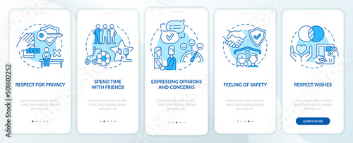 Building healthy relationships blue onboarding mobile app screen. Respect walkthrough 5 steps graphic instructions pages with linear concepts. UI, UX, GUI template. Myriad Pro-Bold, Regular fonts used