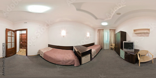 Billede på lærred seamless 360 panorama in interior of bedroom of cheap hostel,  flat or apartments with chairs and table in equirectangular projection with zenith and nadir