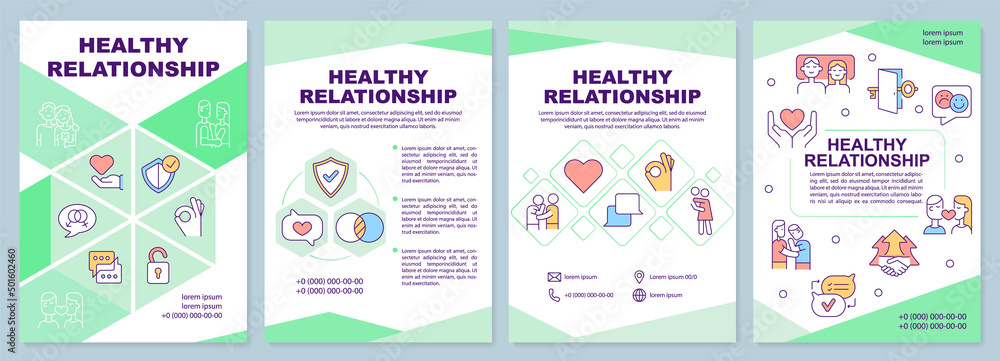 Healthy relationship green brochure template. Communicate with partner. Leaflet design with linear icons. 4 vector layouts for presentation, annual reports. Arial-Black, Myriad Pro-Regular fonts used