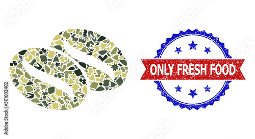 Military camouflage mosaic of coffee seeds icon, and bicolor grunge Only Fresh Food watermark. Vector watermark with Only Fresh Food tag inside red ribbon and blue rosette, grunge bicolored style.