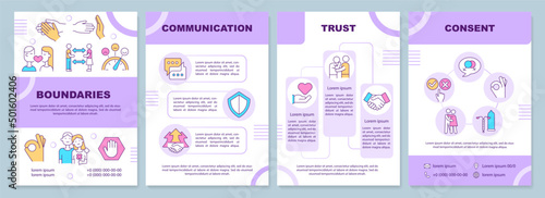 Positive healthy relationships purple brochure template. Trust, consent. Leaflet design with linear icons. 4 vector layouts for presentation, annual reports. Arial-Black, Myriad Pro-Regular fonts used