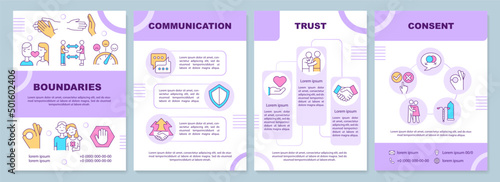 Positive healthy relationships purple brochure template. Trust, consent. Leaflet design with linear icons. 4 vector layouts for presentation, annual reports. Arial-Black, Myriad Pro-Regular fonts used