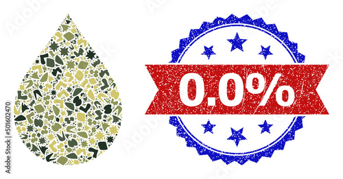 Military camouflage mosaic of water drop icon, and bicolor dirty 0.0% watermark. Vector watermark with 0.0% caption inside red ribbon and blue rosette, distress bicolored style.