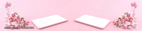 3D rendering of Smartphone white screen surrounded by boxes floating by pink balloons. Concept of shopping on a mobile phone and Can fill the content on the white phone screen on pink background3D ren