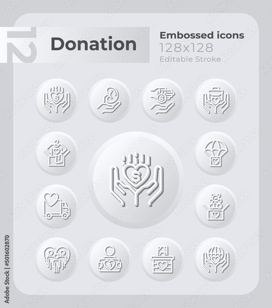 Donation embossed icons set. Charitable giving. Philanthropy. Neumorphism effect. Isolated vector illustrations. Minimalist button design collection. Editable stroke. Montserrat Bold, Light fonts used