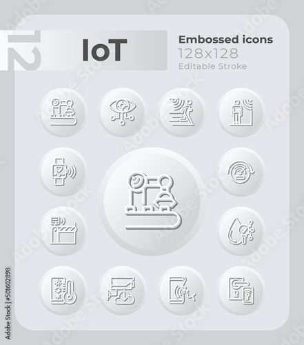 Internet of things embossed icons set. Smart home systems. Neumorphism effect. Isolated vector illustrations. Minimalist button design collection. Editable stroke. Montserrat Bold, Light fonts used