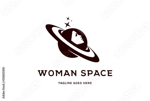 Saturn Planet with Woman Astronaut Spacewoman Helmet for Universe Science Logo Design