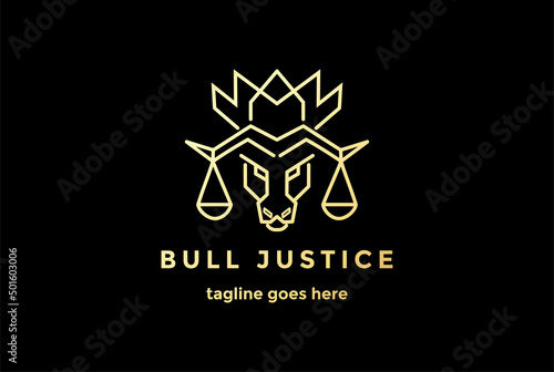 Monogram King Crown Bull Bison Buffalo Longhorn with Scale for Justice Law Firm Logo Design