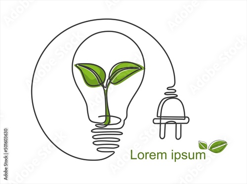 Plant inside Lightbulb with power plug in one line drawing. Concept of Eco energy and environmental friendly sources. Can used for logo, emblem, slide show and banner. Illustration with quote template