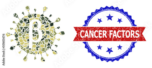 Military camouflage collage of Beta covid virus icon, and bicolor scratched Cancer Factors watermark. Vector watermark with Cancer Factors text inside red ribbon and blue rosette,