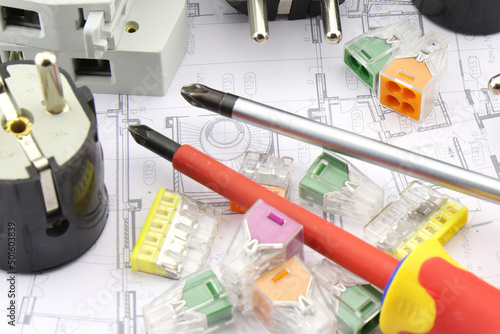 Mounting tools for the installation of an electric panel in close-up.