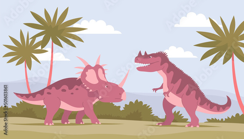 Styracosaurus vs ceratosaurus. Ancient dinosaurs of the Jurassic period. Vector cartoon illustration. Prehistoric nature background. Wild landscape
