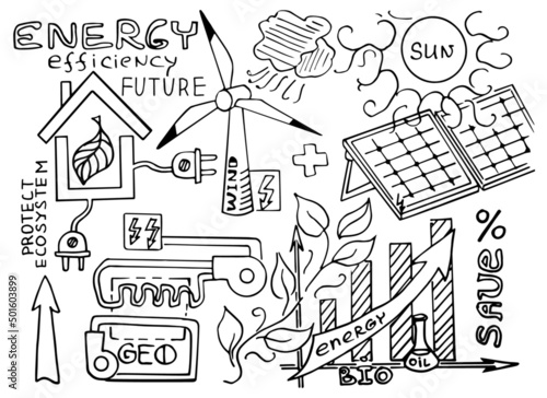 Vector doodle hand drawn Illustration. Green world concept. Alternative energy sources. Ecology doodles icons. 