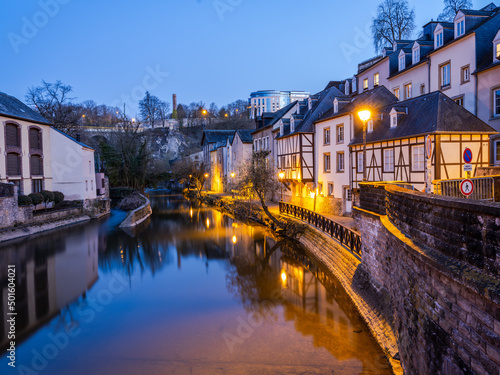 Charming old town of Luxembourg on Alzette river illuminated at night