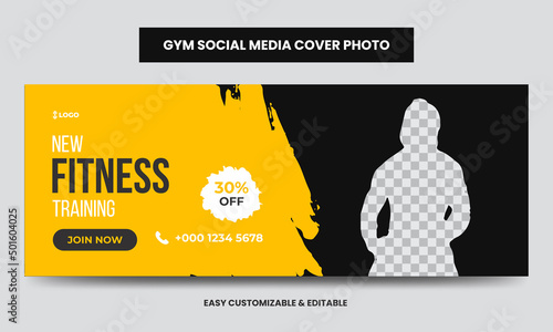Fitness gym training social media cover photo template. Gym agency social media timeline web banner 