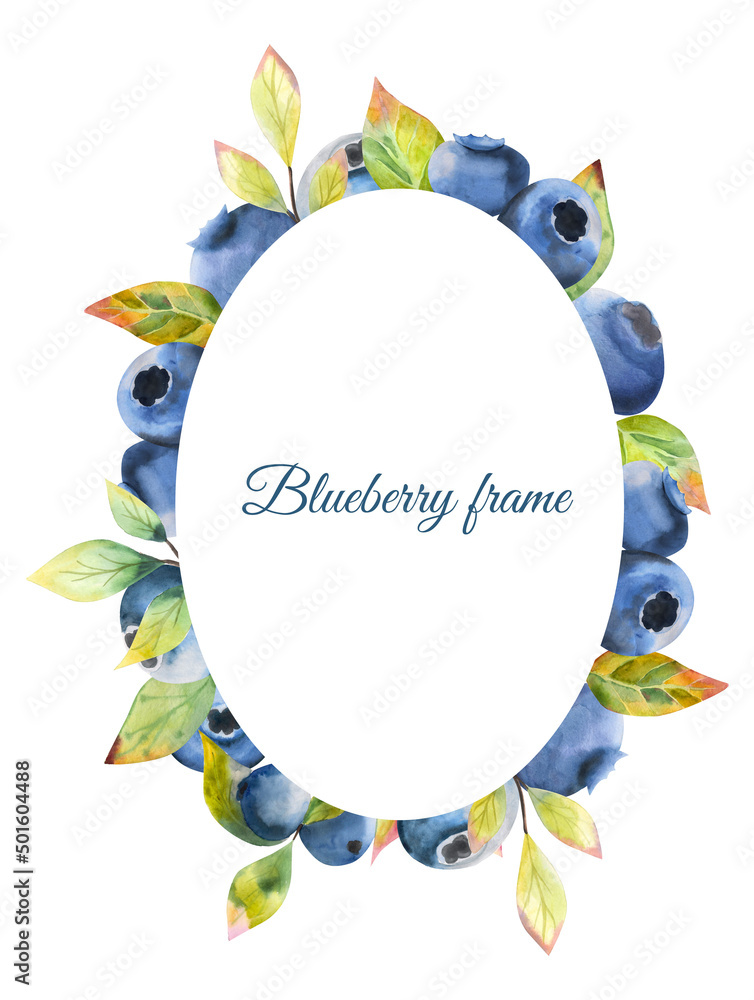 Watercolor template. Frame with ripe blueberries and herbs. Round frame for text, postcards, photo