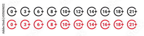 Age restriction signs. Mark age limit. Recommended age limit. Vector icons photo